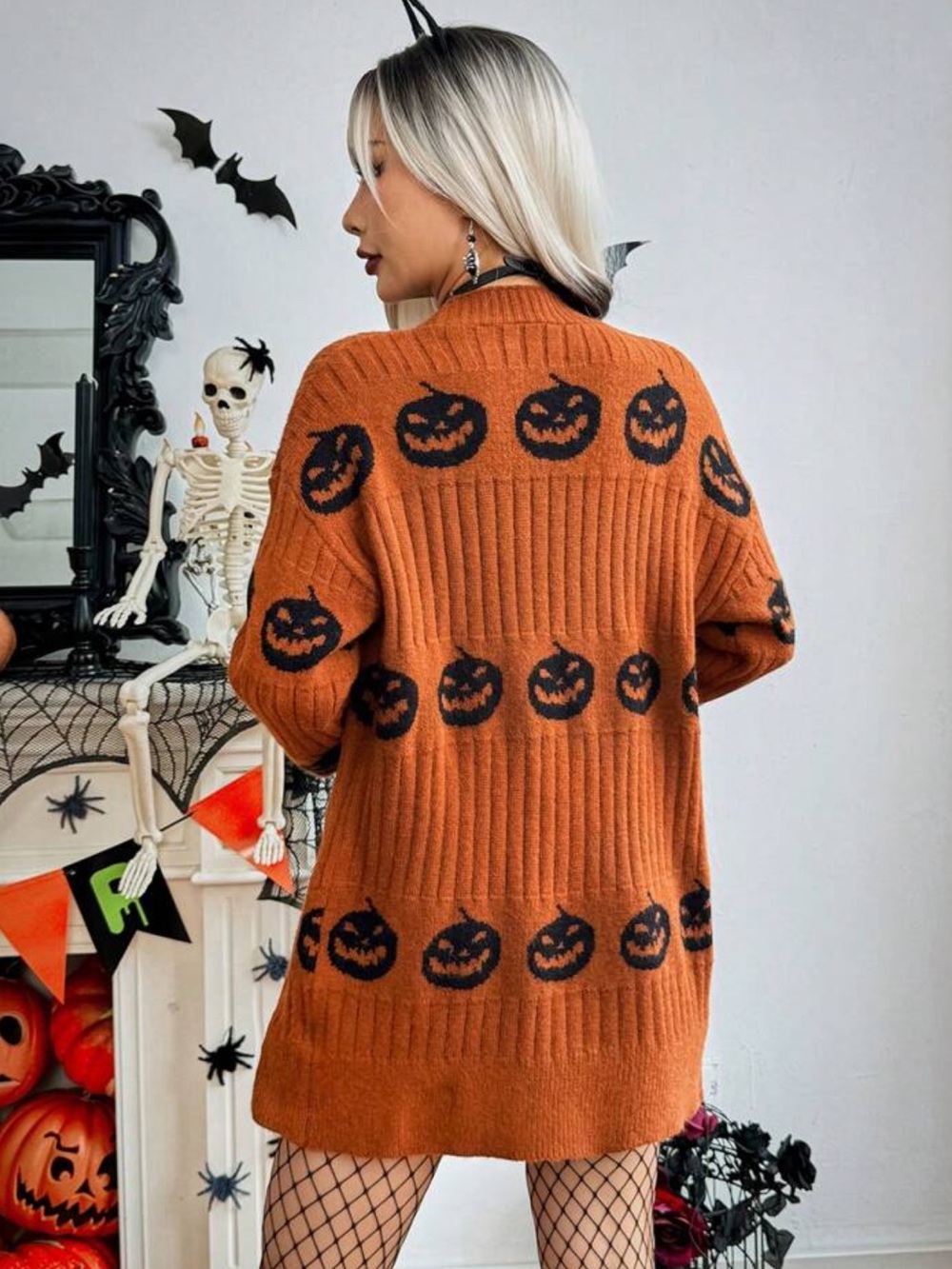 ChicEase Long Sleeve Casual Pumpkin Pattern Cardigan, Women Halloween - Picture 4 of 4